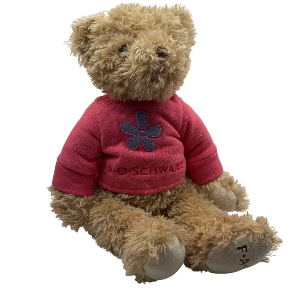 FAO Schwarz Teddy Bear Plush Tan Shaggy Pink Flower Shirt Embroidered Foot 15